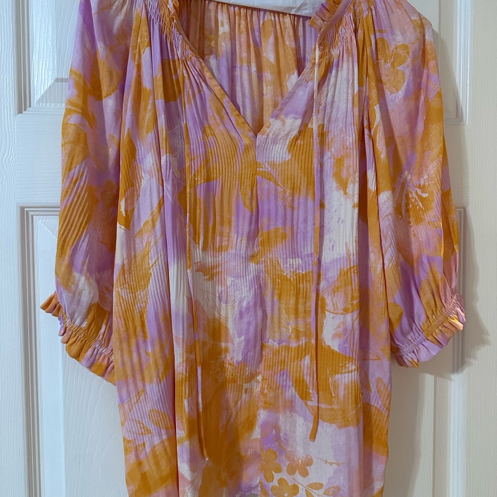 Floral Current Air V-Neck Blouse - lilac and Orange